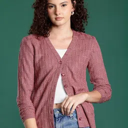 Roadster Women Mauve Cable Knit V-Neck Button-Down Cardigan-picture-9
