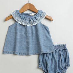 Sweetlime By AS Girls Round Neck Pure Cotton Ruffled Denim Top with Shorts-image-34