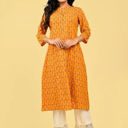 RAAKA Floral Printed Mandarin Collar Cotton A-Line Kurta-image-31
