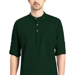 AMRIT TOP WEAR Men Band Collar Roll-Up Sleeves Organic Cotton Short Kurta-picture-8