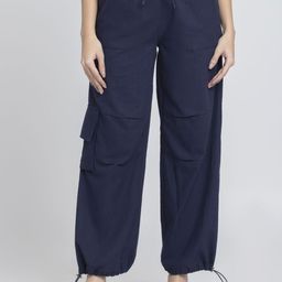 SHAYE Navy Blue High-Rise Solid Straight Casual Trousers For Women-image-8