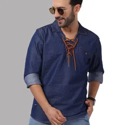 D Finish Men Thread Work Lace Frills Bows and Ruffles Denim Kurta-image-60