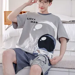 StyleCast Men Pure Cotton Printed Round Neck Short Sleeves T-Shirt With Shorts Night Suit-52
