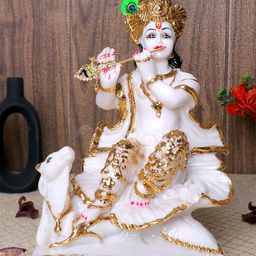 GW CREATIONS White & Gold-Toned Radha krishna with cow Murti Religious Idol Showpiece-15