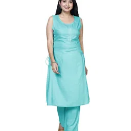 SAKURA Women Solid Straight Calf Length Regular Kurta with Trousers-image-82