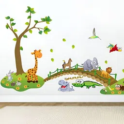 LANSTICK Green & Brown Tree With Wild Animals Printed Self-Adhesive WallStickers-image-90