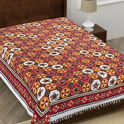 HASHCART White & Red Ethnic Motifs Printed 210 TC Single Bedsheet 2.3 m x 1.52 m-23