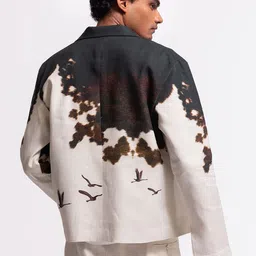 Balance by Rohit Bal Ivory Graphic Printed Spread Collar Linen Open Front Jacket image 2