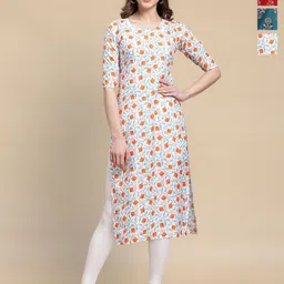 HERE&NOW Selection Of 3 Floral Printed Round Neck Straight Kurtas-image-77