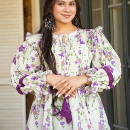 CORSICA Women Floral Printed Tie-Up Neck Puff Sleeve Cotton Tiered Top-image-19