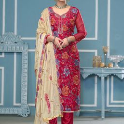 HERE&NOW Floral Printed Beads And Stones Organza Unstitched Dress Material-image-58