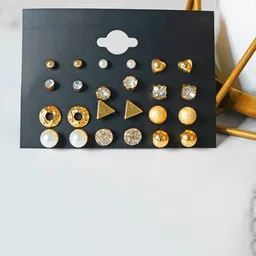 PolluxCraft Set of 12 Gold-Plated Stones Studded And Beaded Circular Shaped Korean Studs-16