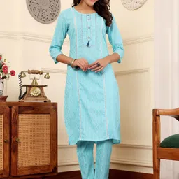 all about you Geometric Woven Design Kantha Work Pure Cotton Straight Kurta With Trousers-picture-17