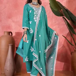 Sangria Floral Embroidered Thread Work Straight Kurta With Trousers & Dupatta-picture-13