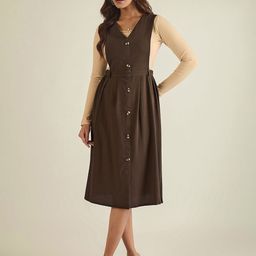 WineRed Women V-Neck Pinafore Midi Dress-image-91