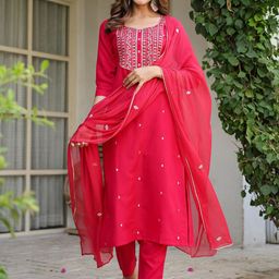 GoSriKi Women Ethnic Motifs Embroidered Regular Kurta with Trousers & Dupatta-picture-44