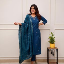 KALINI Floral Embroidered Regular Sequinned Kurta With Trouser & Dupatta image 2