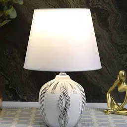 TAYHAA White & Black Textured Ceramic Contemporary Frusturical Shaped Table Lamp-17
