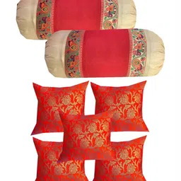 Pink Parrot Red & Gold-Toned Set of 7 Ethnic Motifs Round Cushion Covers-5