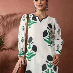 Anouk Floral Printed Notch Neck Pure Cotton Straight Kurta With Trousers-picture-27