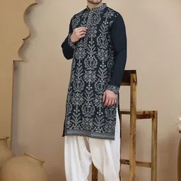 Jompers Men Floral Embroidered Thread Work Straight Kurta With Salwar-image-46