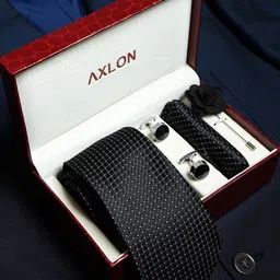 AXLON Men Micro Dotted Tie Pocket Square Cufflink & Flower Pin Accessory Gift Set-13