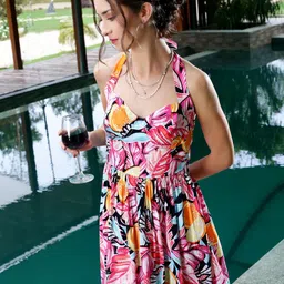 Sera Floral Printed Halter Neck Fit & Flare Mini Dress-image-22