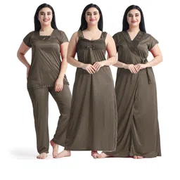 NIGHT KEYS Women Brown Satin Sweat Nightdress With Robe & Night Suit-image-62