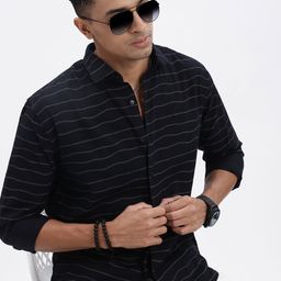SHOWOFF Men Premium Spread Collar Horizontal Striped Cotton Slim Fit Casual Shirt-image-59