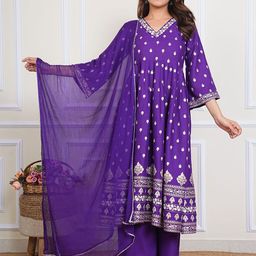 MARISY Floral Printed Empire V-Neck Anarkali Kurta With Palazzos & Dupatta-image-6