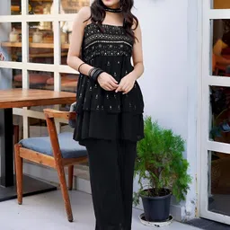 SANCIA Women Embroidered Layered Sequinned Kurta with Palazzos & With Dupatta-9