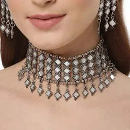 Oxidized Heaven Sterling Silver-Plated Stone Studded Necklace and Earrings-picture-6