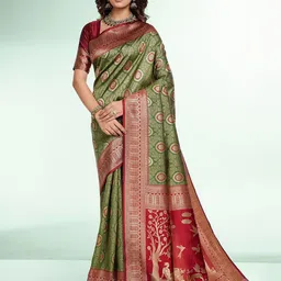 RICH & ROMAN Ethnic Motifs Woven Design Zari Pure Silk Banarasi Saree-image-52