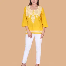 Moda Rapido Floral Embroidered Flared Sleeves Thread Work Pure Cotton Thread Work Kurti-image-53