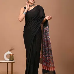 THE WEAVERS SHOP BY RAAVI Ajrak Pure Cotton Block Print Saree With Unstitched Blouse Piece-14