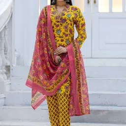 ARADHNA Women Floral Embroidered Regular Thread Work Kurta with Trousers & With Dupatta-image-59