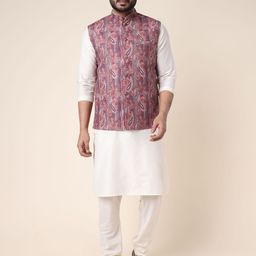 W & G Mandarin Collar Straight Kurta with Churidar & Nehru Jacket-14