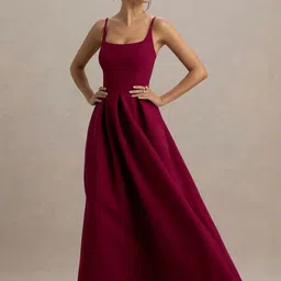 CLAFOUTIS Women Solid Square Neck Crepe Bodycon Maxi Dress-image-99