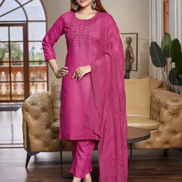 DIVASTRI Women Ethnic Motifs Embroidered Regular Thread Work Kurta with Trousers & With Dupatta image 1