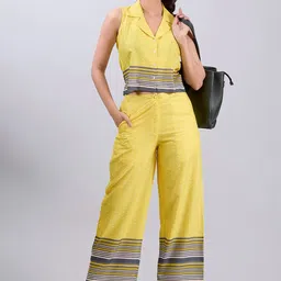 Dressberry Yellow Striped Shirt Collar Linen Top With Trousers-picture-41