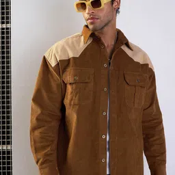 MASCLN SASSAFRAS Men Spread Collar Colourblocked Corduroy Oversized Casual Shirt-image-99