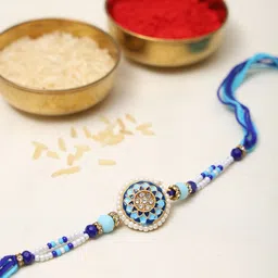 Exotic India Stone Studded & Beaded Floral Meenakari Design Enamelled Thread Rakhi-image-21