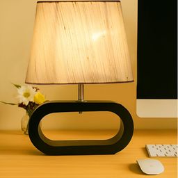 Devansh White & Black Textured Wooden & Cotton Frusturical Shaped Table Lamp-14