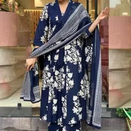 KALINI Floral Printed V-Neck Pleated A-Line Kurta With Trouser And Dupatta-19