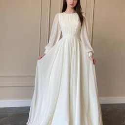 KPOP Women Solid Boat Neck Puff Sleeve Fit and Flare Maxi Dress-image-31