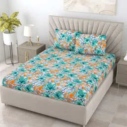 BOMBAY DYEING Green & Orange Floral 104 TC Queen Bedsheet with 2 Pillow Covers-image-75
