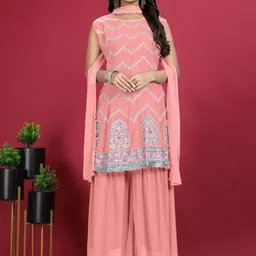 PARROT CREATION Floral Embroidered Sequinned Georgette A-Line Kurti With Sharara & Dupatta-image-13