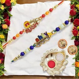 MEIRA JEWELLERY Set Of 2 Stone-Studded & Beaded Rakhi With Greeting Card Gift Set-image-77