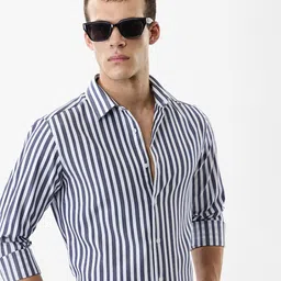 Snitch Men Slim Fit Vertical Stripes Spread Collar Cotton Formal Shirt-image-86