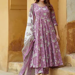 KALINI Floral Printed Regular Pure Cotton Anarkali Kurta with Trousers & Dupatta-14